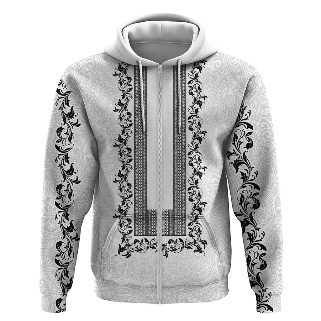 Philippines Polynesian Floral Pattern Zip Hoodie With Barong Tagalog White Style