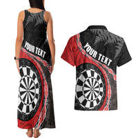 Personalised New Zealand Darts Couples Matching Tank Maxi Dress and Hawaiian Shirt Koru Tribal Tattoo and Silver Fern Maori Pattern Red Color