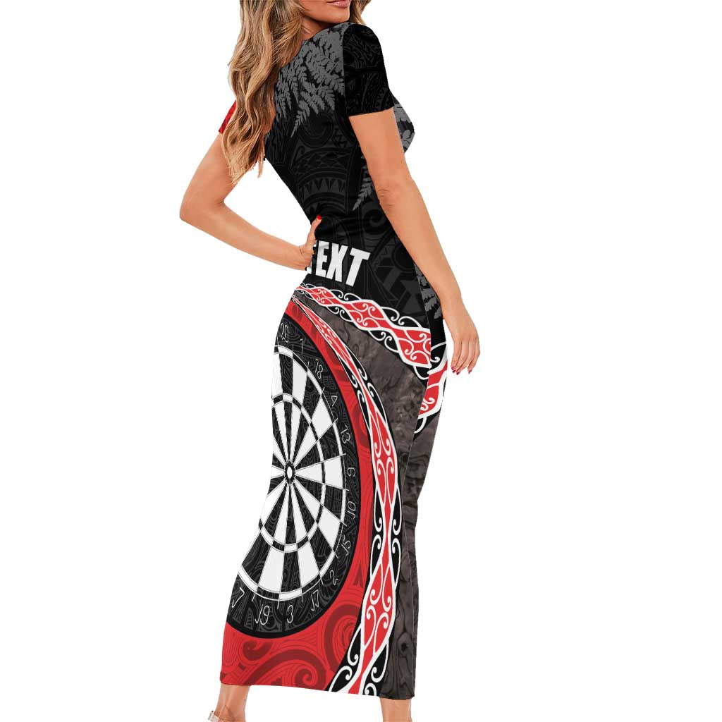 Personalised New Zealand Darts Family Matching Short Sleeve Bodycon Dress and Hawaiian Shirt Koru Tribal Tattoo and Silver Fern Maori Pattern Red Color