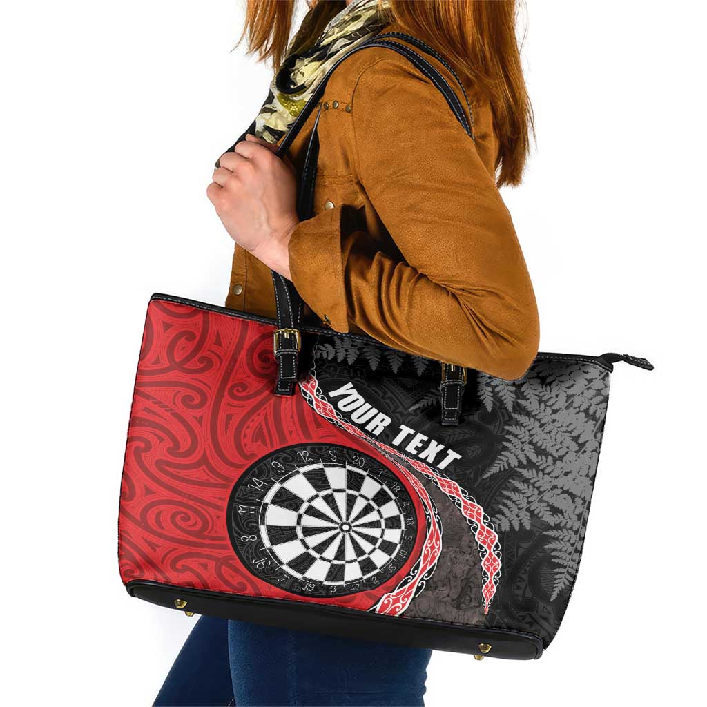 Personalised New Zealand Darts Leather Tote Bag Koru Tribal Tattoo and Silver Fern Maori Pattern Red Color