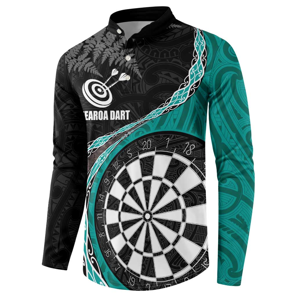Personalised New Zealand Darts Button Sweatshirt Koru Tribal Tattoo and Silver Fern Maori Pattern Teal Color