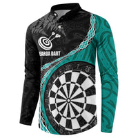 Personalised New Zealand Darts Button Sweatshirt Koru Tribal Tattoo and Silver Fern Maori Pattern Teal Color