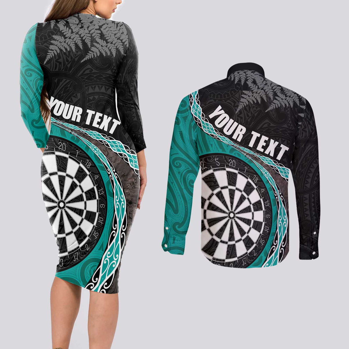 Personalised New Zealand Darts Couples Matching Long Sleeve Bodycon Dress and Long Sleeve Button Shirt Koru Tribal Tattoo and Silver Fern Maori Pattern Teal Color
