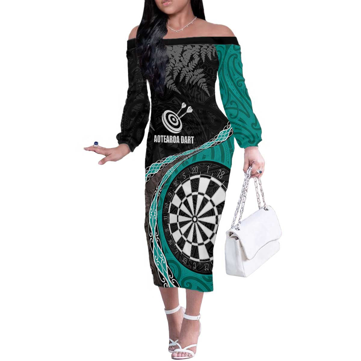 Personalised New Zealand Darts Family Matching Off The Shoulder Long Sleeve Dress and Hawaiian Shirt Koru Tribal Tattoo and Silver Fern Maori Pattern Teal Color