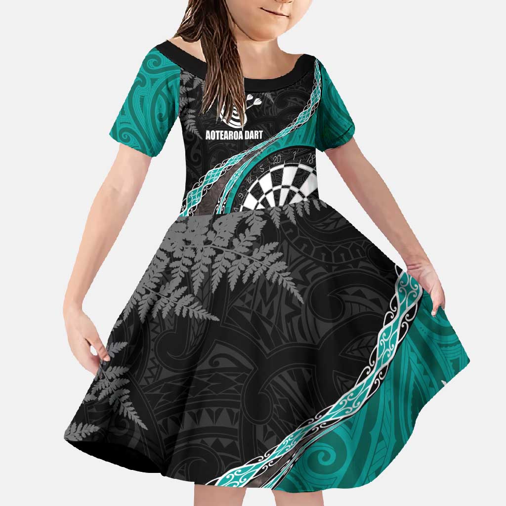Personalised New Zealand Darts Family Matching Off Shoulder Maxi Dress and Hawaiian Shirt Koru Tribal Tattoo and Silver Fern Maori Pattern Teal Color