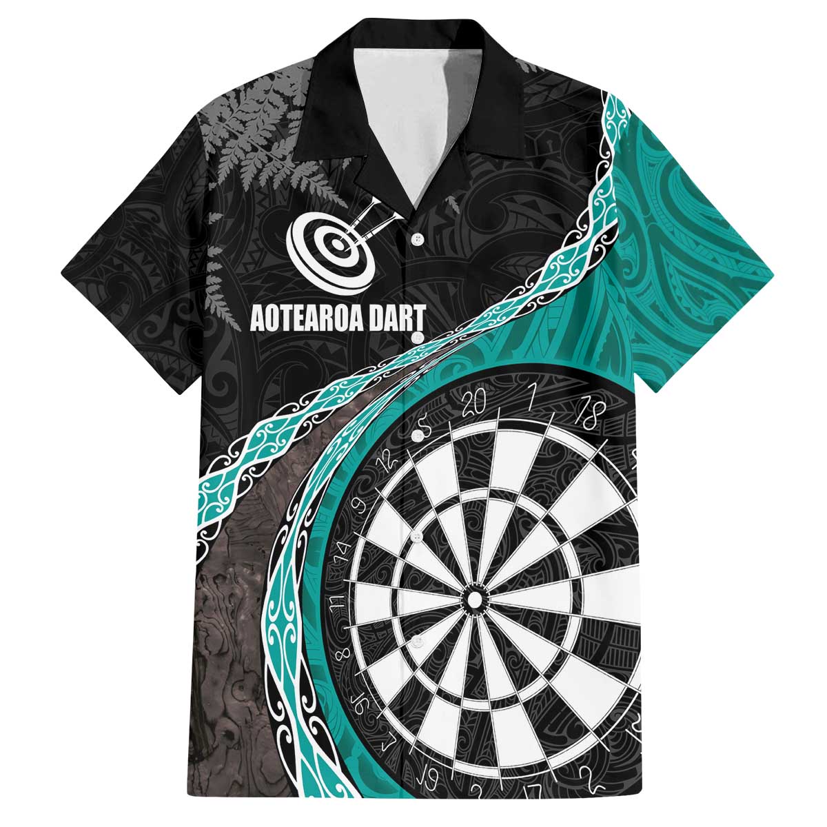 Personalised New Zealand Darts Family Matching Puletasi and Hawaiian Shirt Koru Tribal Tattoo and Silver Fern Maori Pattern Teal Color