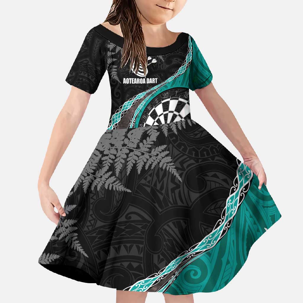 Personalised New Zealand Darts Family Matching Summer Maxi Dress and Hawaiian Shirt Koru Tribal Tattoo and Silver Fern Maori Pattern Teal Color
