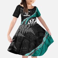 Personalised New Zealand Darts Family Matching Summer Maxi Dress and Hawaiian Shirt Koru Tribal Tattoo and Silver Fern Maori Pattern Teal Color