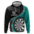 Personalised New Zealand Darts Hoodie Koru Tribal Tattoo and Silver Fern Maori Pattern Teal Color