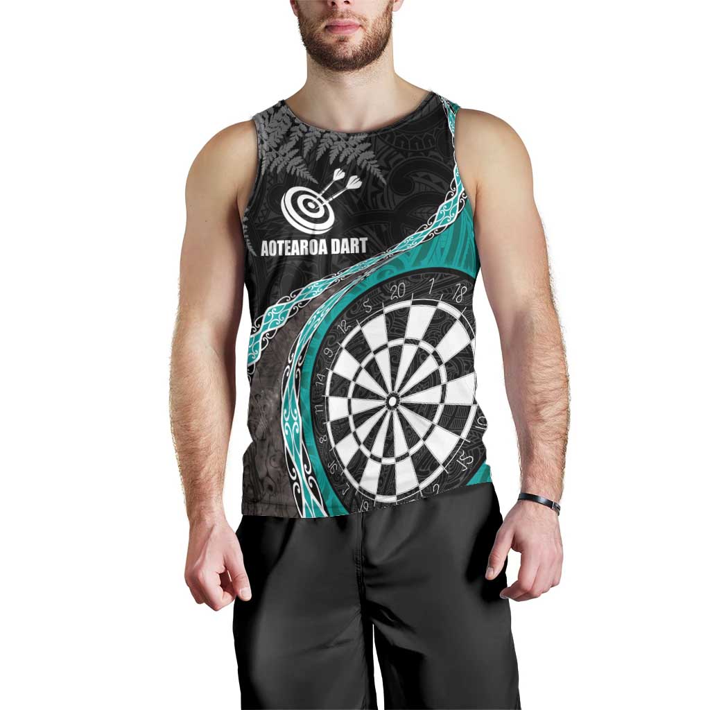 Personalised New Zealand Darts Men Tank Top Koru Tribal Tattoo and Silver Fern Maori Pattern Teal Color