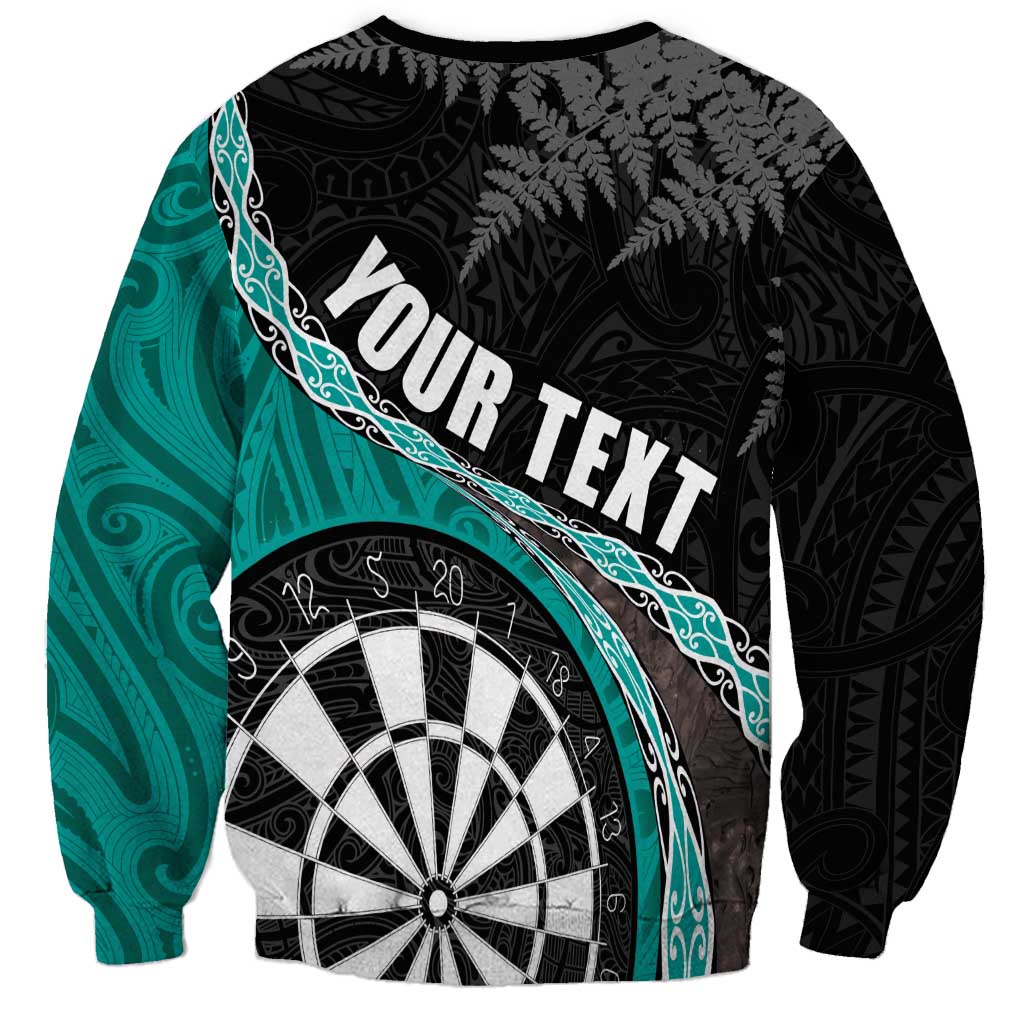 Personalised New Zealand Darts Sweatshirt Koru Tribal Tattoo and Silver Fern Maori Pattern Teal Color