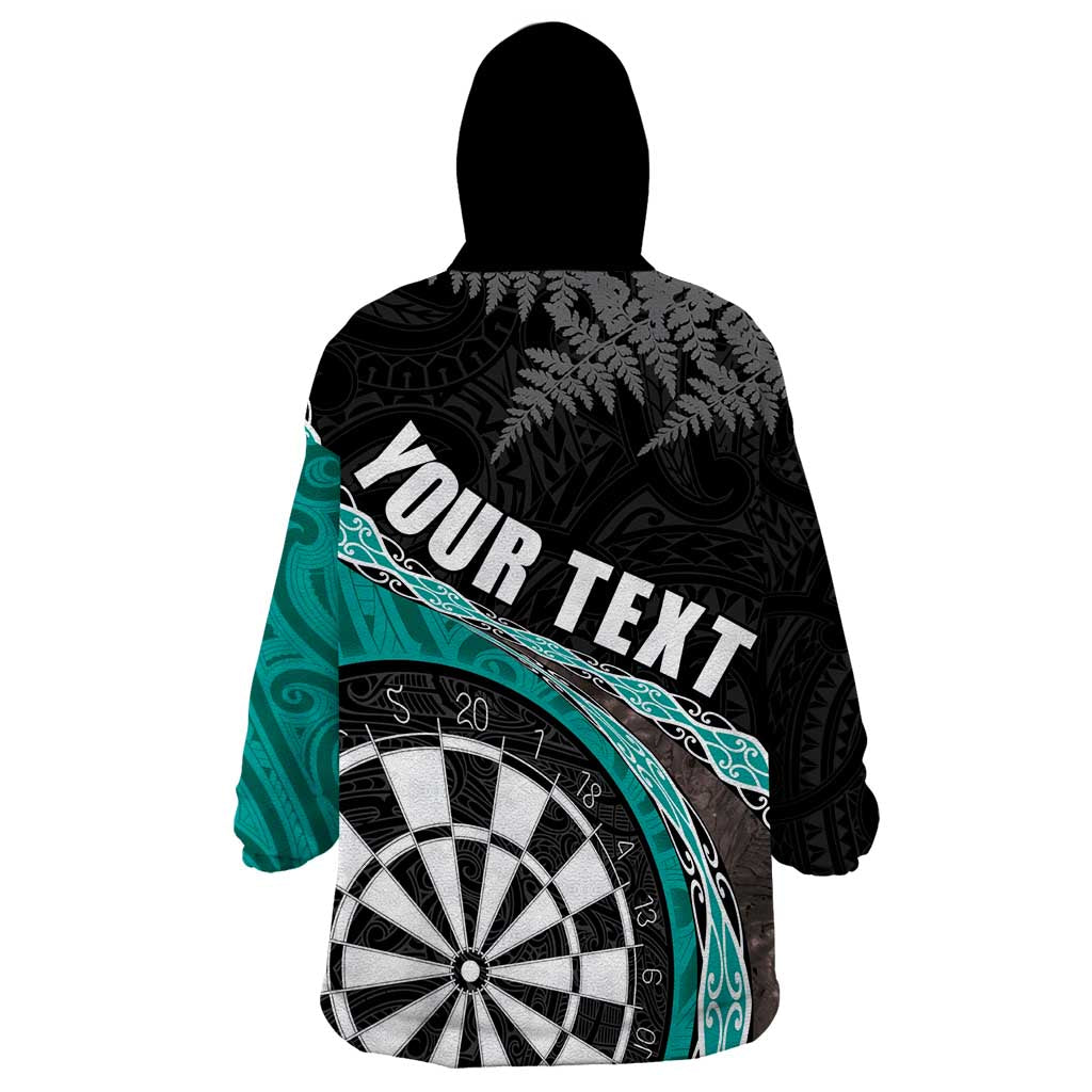 Personalised New Zealand Darts Wearable Blanket Hoodie Koru Tribal Tattoo and Silver Fern Maori Pattern Teal Color