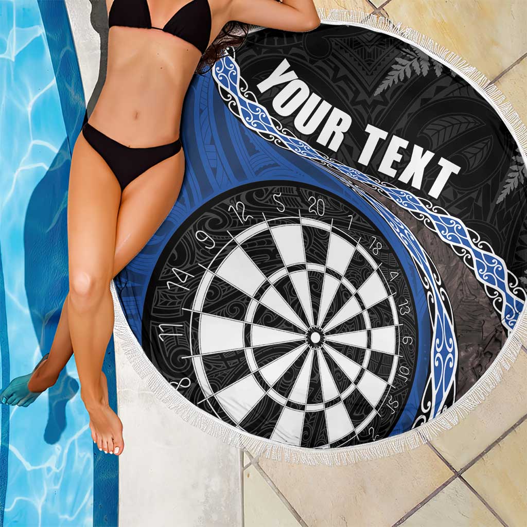 Personalised New Zealand Darts Beach Blanket Koru Tribal Tattoo and Silver Fern Maori Pattern Blue Color