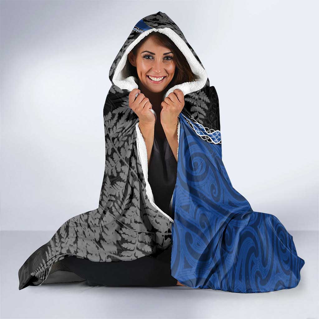 Personalised New Zealand Darts Hooded Blanket Koru Tribal Tattoo and Silver Fern Maori Pattern Blue Color LT03 - Polynesian Pride