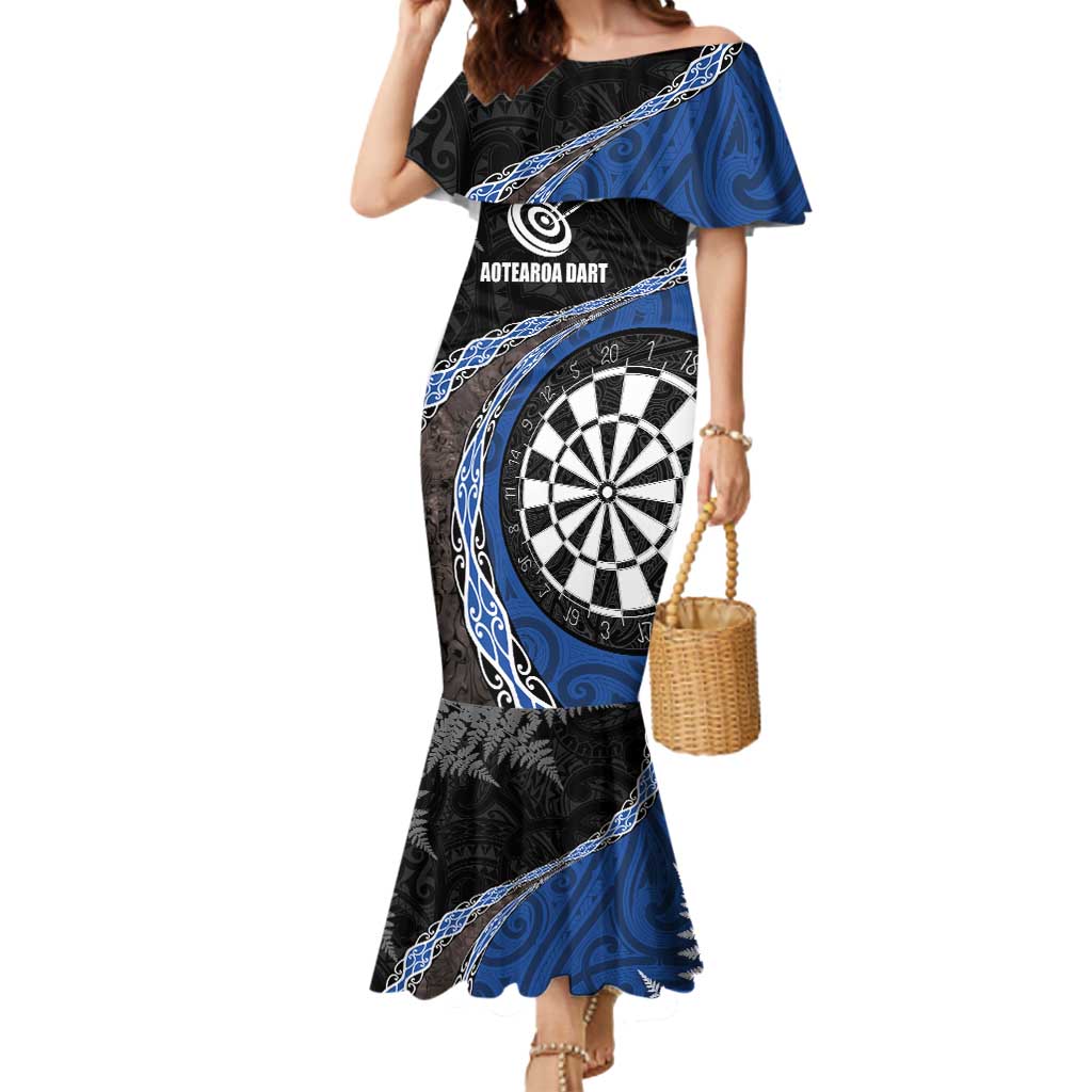 Personalised New Zealand Darts Mermaid Dress Koru Tribal Tattoo and Silver Fern Maori Pattern Blue Color LT03 Women Blue - Polynesian Pride