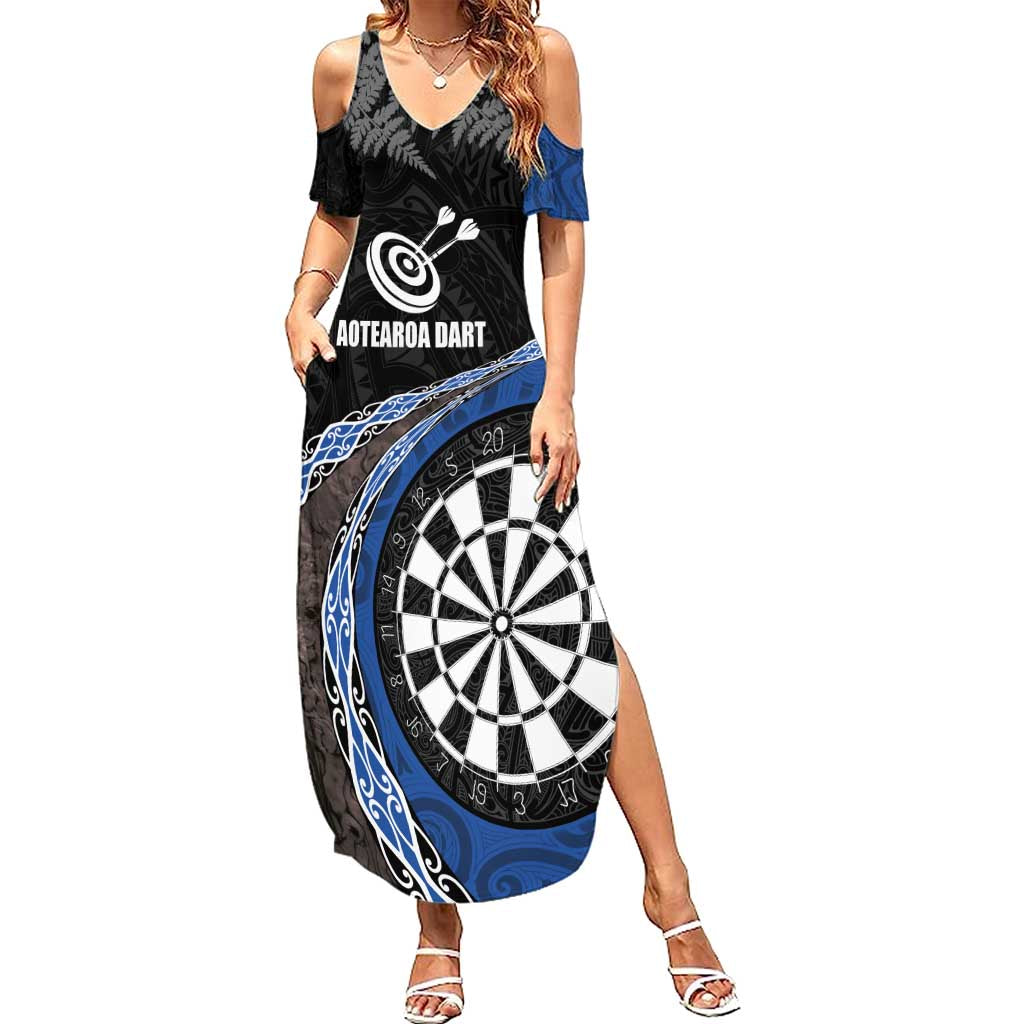 Personalised New Zealand Darts Summer Maxi Dress Koru Tribal Tattoo and Silver Fern Maori Pattern Blue Color