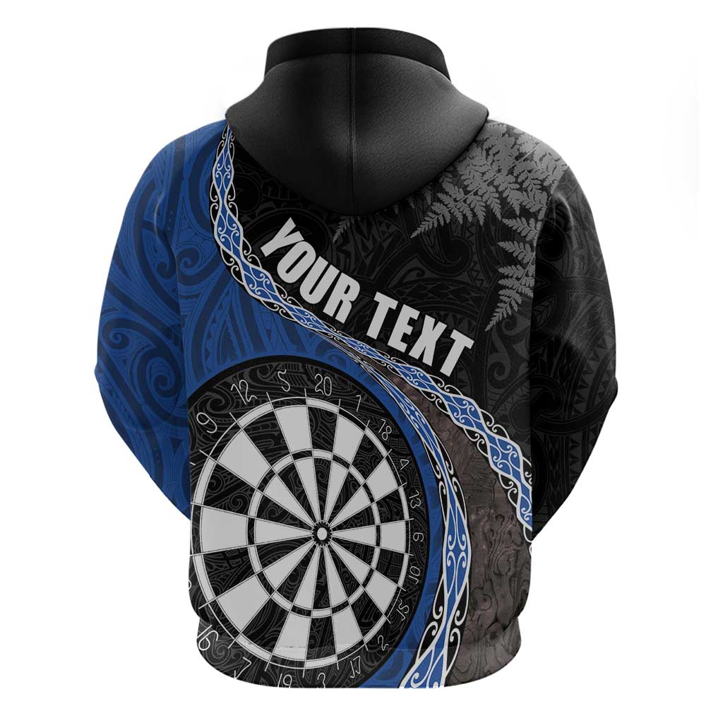 Personalised New Zealand Darts Zip Hoodie Koru Tribal Tattoo and Silver Fern Maori Pattern Blue Color
