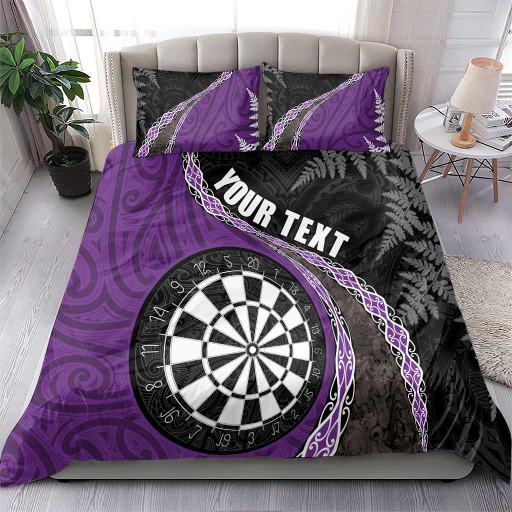 Personalised New Zealand Darts Bedding Set Koru Tribal Tattoo and Silver Fern Maori Pattern Purple Color
