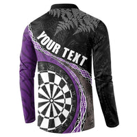 Personalised New Zealand Darts Button Sweatshirt Koru Tribal Tattoo and Silver Fern Maori Pattern Purple Color