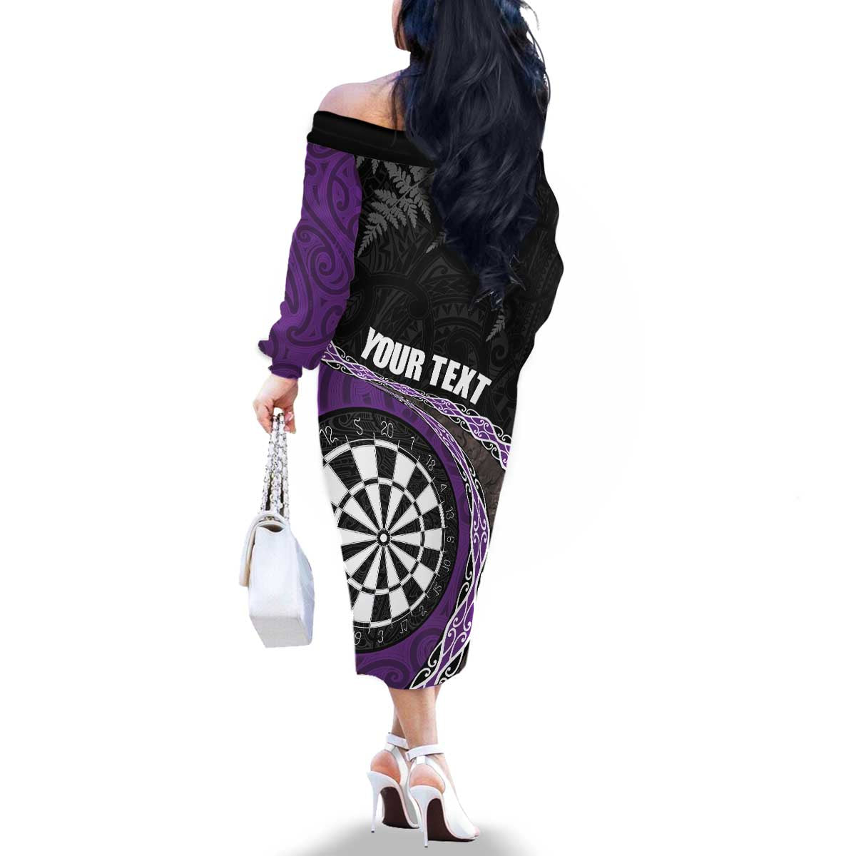 Personalised New Zealand Darts Family Matching Off The Shoulder Long Sleeve Dress and Hawaiian Shirt Koru Tribal Tattoo and Silver Fern Maori Pattern Purple Color