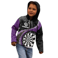 Personalised New Zealand Darts Kid Hoodie Koru Tribal Tattoo and Silver Fern Maori Pattern Purple Color