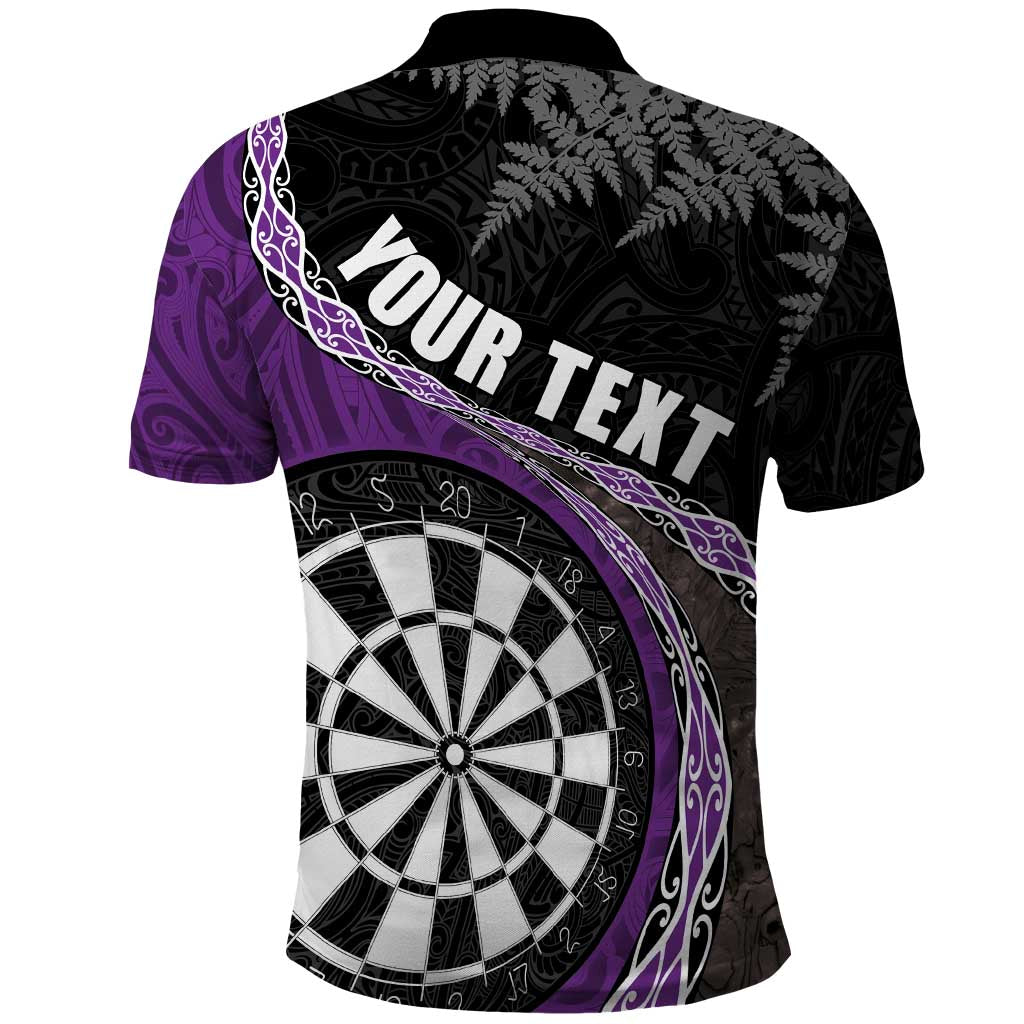 Personalised New Zealand Darts Polo Shirt Koru Tribal Tattoo and Silver Fern Maori Pattern Purple Color