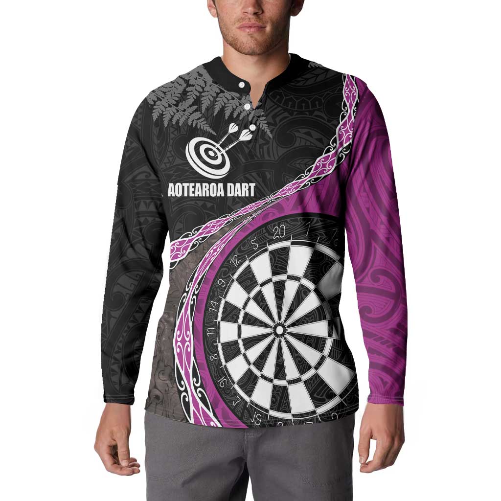 Personalised New Zealand Darts Button Sweatshirt Koru Tribal Tattoo and Silver Fern Maori Pattern Pink Color