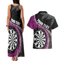 Personalised New Zealand Darts Couples Matching Tank Maxi Dress and Hawaiian Shirt Koru Tribal Tattoo and Silver Fern Maori Pattern Pink Color