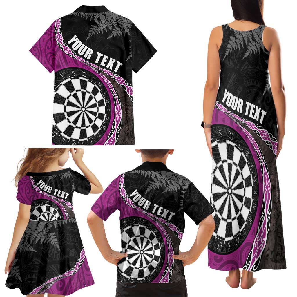 Personalised New Zealand Darts Family Matching Tank Maxi Dress and Hawaiian Shirt Koru Tribal Tattoo and Silver Fern Maori Pattern Pink Color