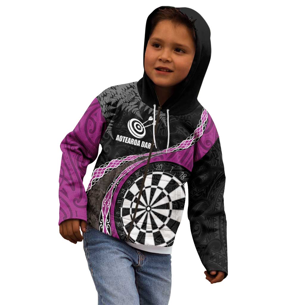 Personalised New Zealand Darts Kid Hoodie Koru Tribal Tattoo and Silver Fern Maori Pattern Pink Color