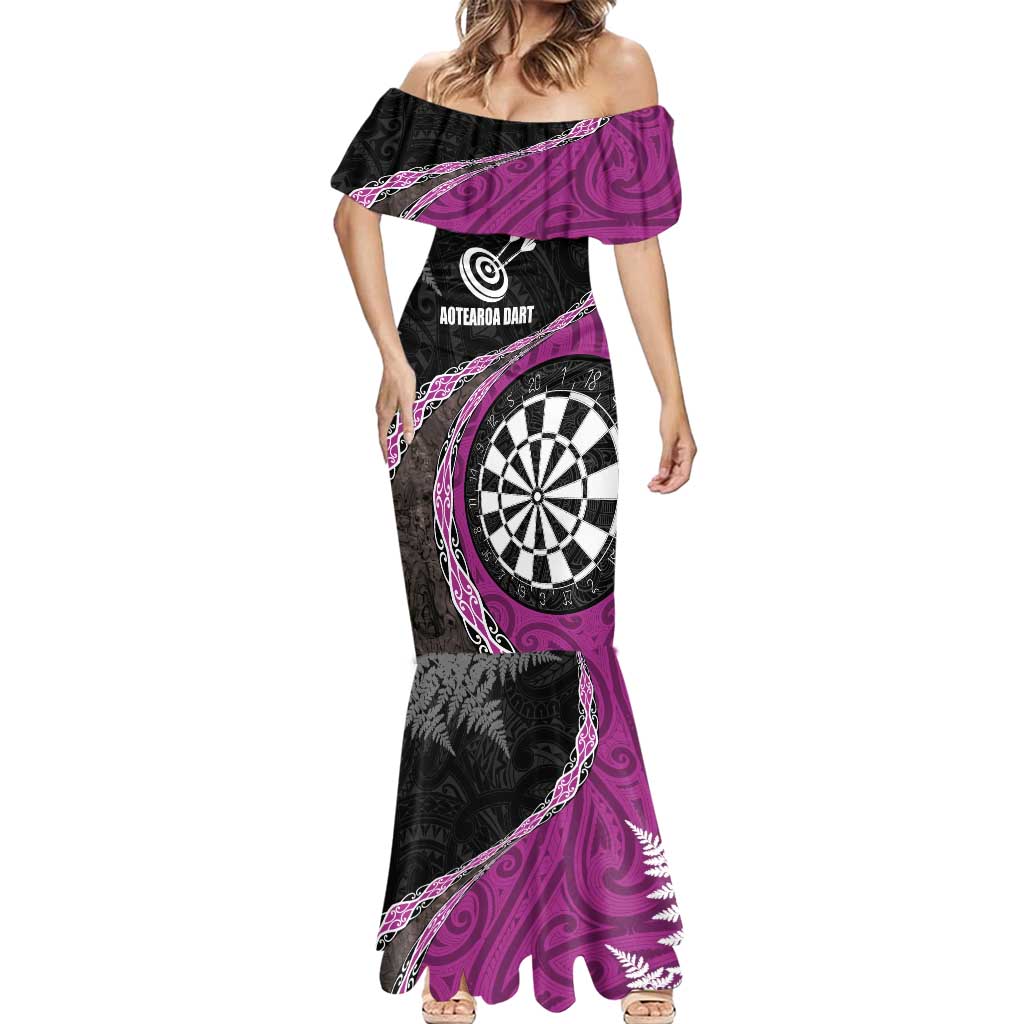 Personalised New Zealand Darts Mermaid Dress Koru Tribal Tattoo and Silver Fern Maori Pattern Pink Color