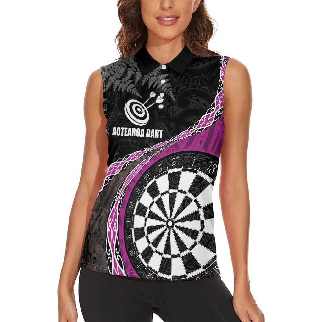 Personalised New Zealand Darts Women Sleeveless Polo Shirt Koru Tribal Tattoo and Silver Fern Maori Pattern Pink Color