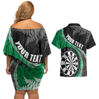 Personalised New Zealand Darts Couples Matching Off Shoulder Short Dress and Hawaiian Shirt Koru Tribal Tattoo and Silver Fern Maori Pattern Green Color