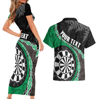 Personalised New Zealand Darts Couples Matching Short Sleeve Bodycon Dress and Hawaiian Shirt Koru Tribal Tattoo and Silver Fern Maori Pattern Green Color