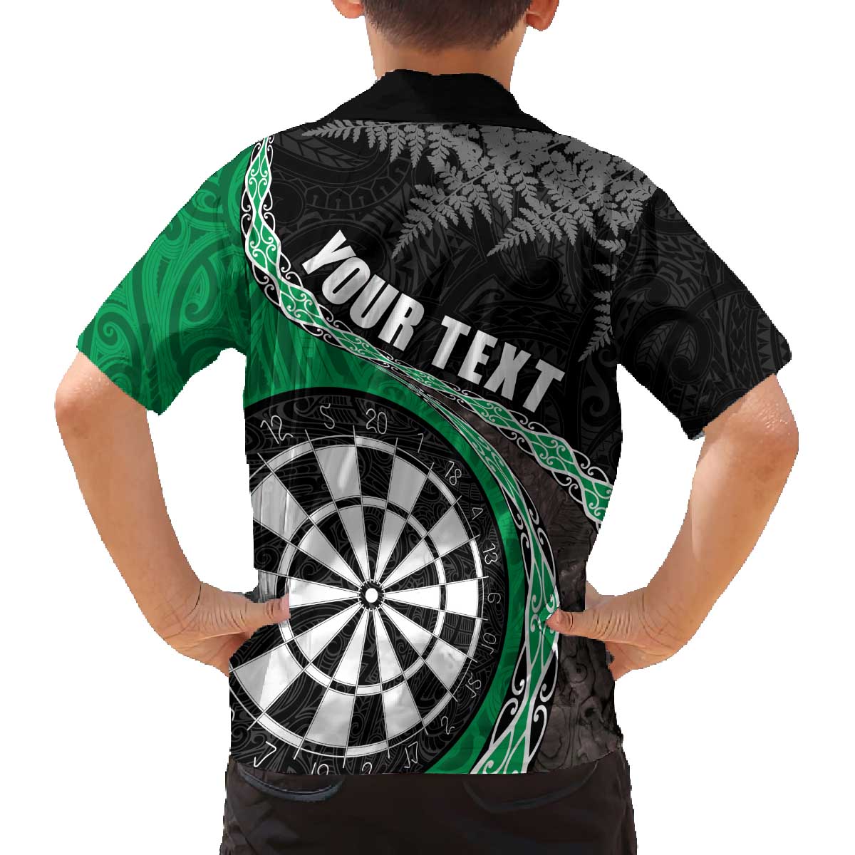 Personalised New Zealand Darts Family Matching Off Shoulder Short Dress and Hawaiian Shirt Koru Tribal Tattoo and Silver Fern Maori Pattern Green Color