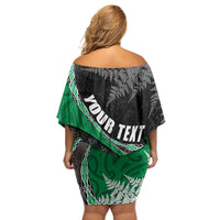 Personalised New Zealand Darts Family Matching Off Shoulder Short Dress and Hawaiian Shirt Koru Tribal Tattoo and Silver Fern Maori Pattern Green Color