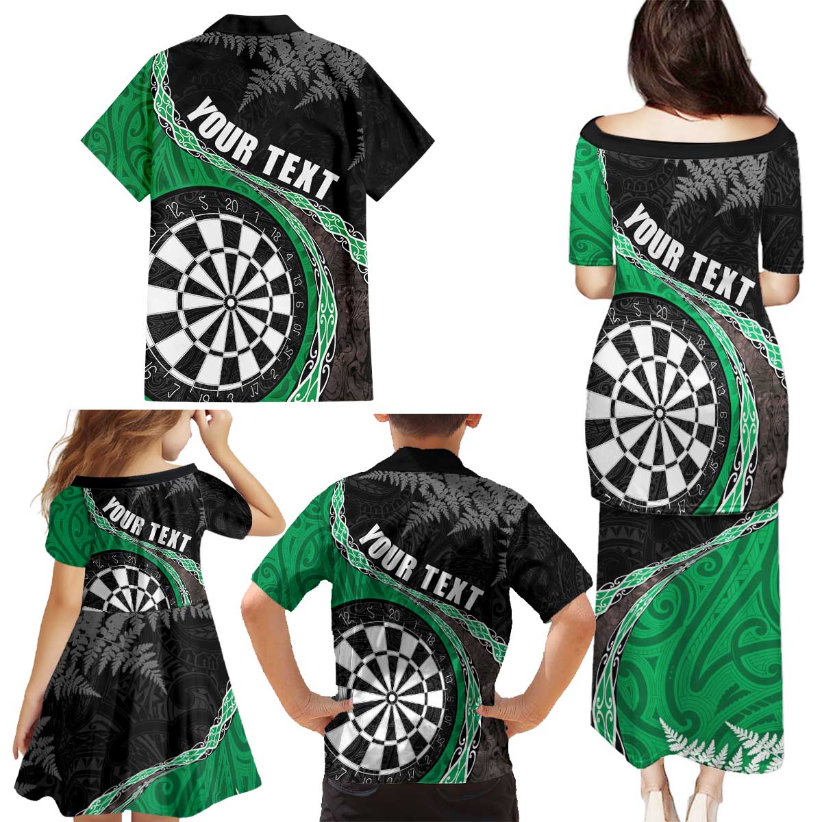 Personalised New Zealand Darts Family Matching Puletasi and Hawaiian Shirt Koru Tribal Tattoo and Silver Fern Maori Pattern Green Color