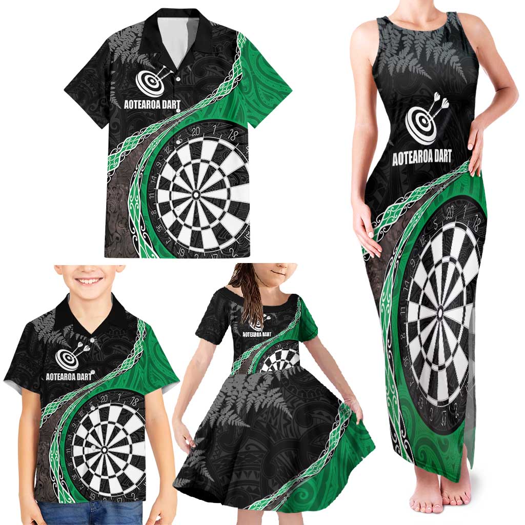 Personalised New Zealand Darts Family Matching Tank Maxi Dress and Hawaiian Shirt Koru Tribal Tattoo and Silver Fern Maori Pattern Green Color