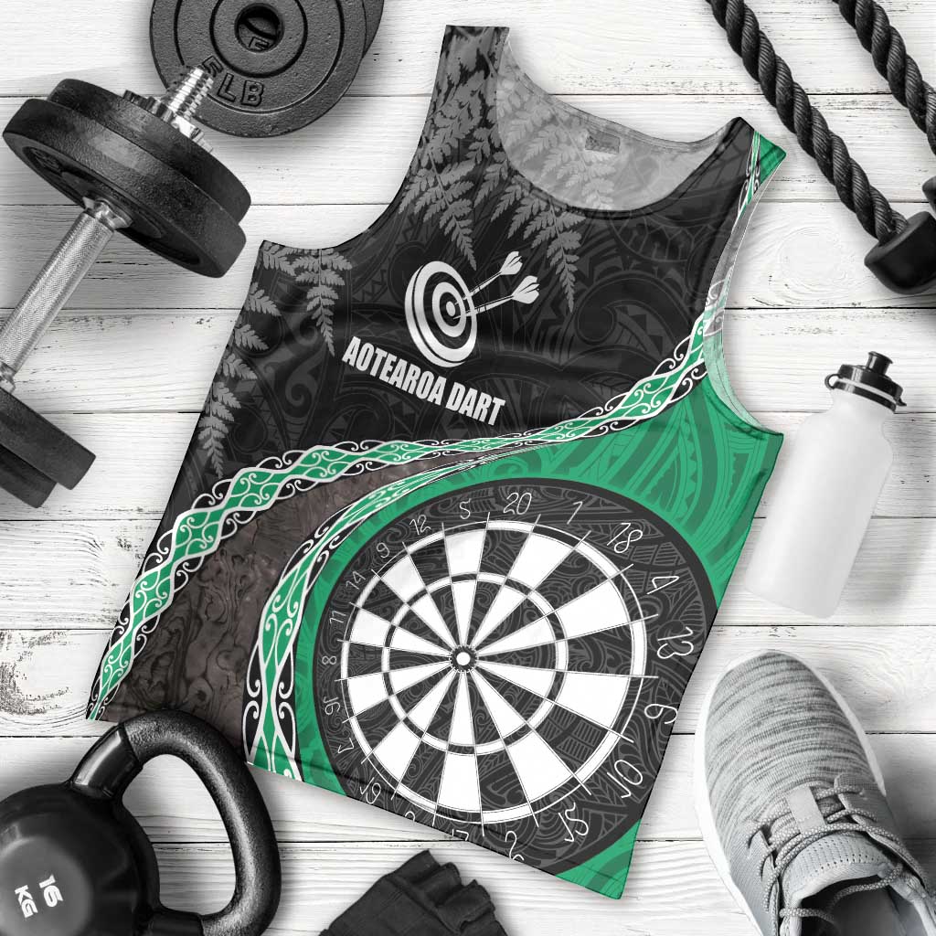 Personalised New Zealand Darts Men Tank Top Koru Tribal Tattoo and Silver Fern Maori Pattern Green Color