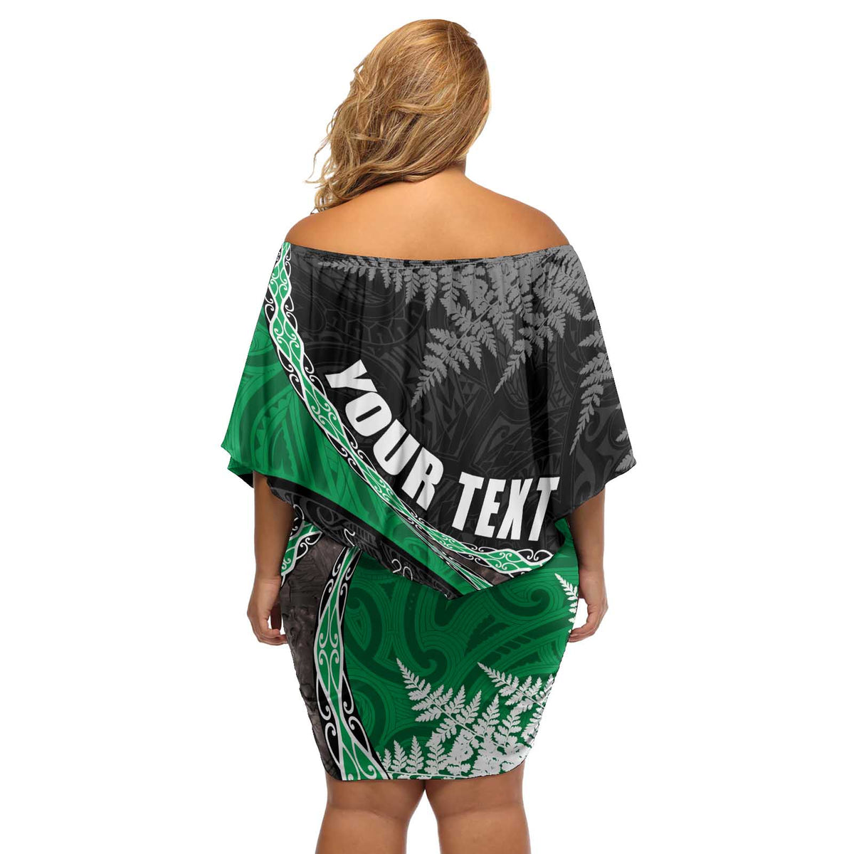 Personalised New Zealand Darts Off Shoulder Short Dress Koru Tribal Tattoo and Silver Fern Maori Pattern Green Color