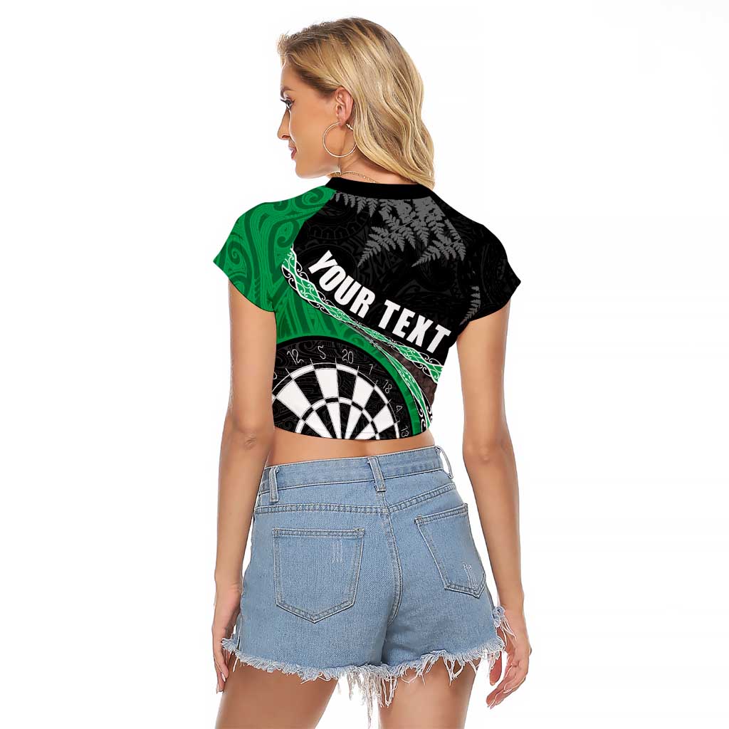 Personalised New Zealand Darts Raglan Cropped T Shirt Koru Tribal Tattoo and Silver Fern Maori Pattern Green Color