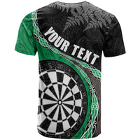 Personalised New Zealand Darts T Shirt Koru Tribal Tattoo and Silver Fern Maori Pattern Green Color