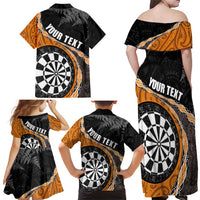 Personalised New Zealand Darts Family Matching Off Shoulder Maxi Dress and Hawaiian Shirt Koru Tribal Tattoo and Silver Fern Maori Pattern Orange Color