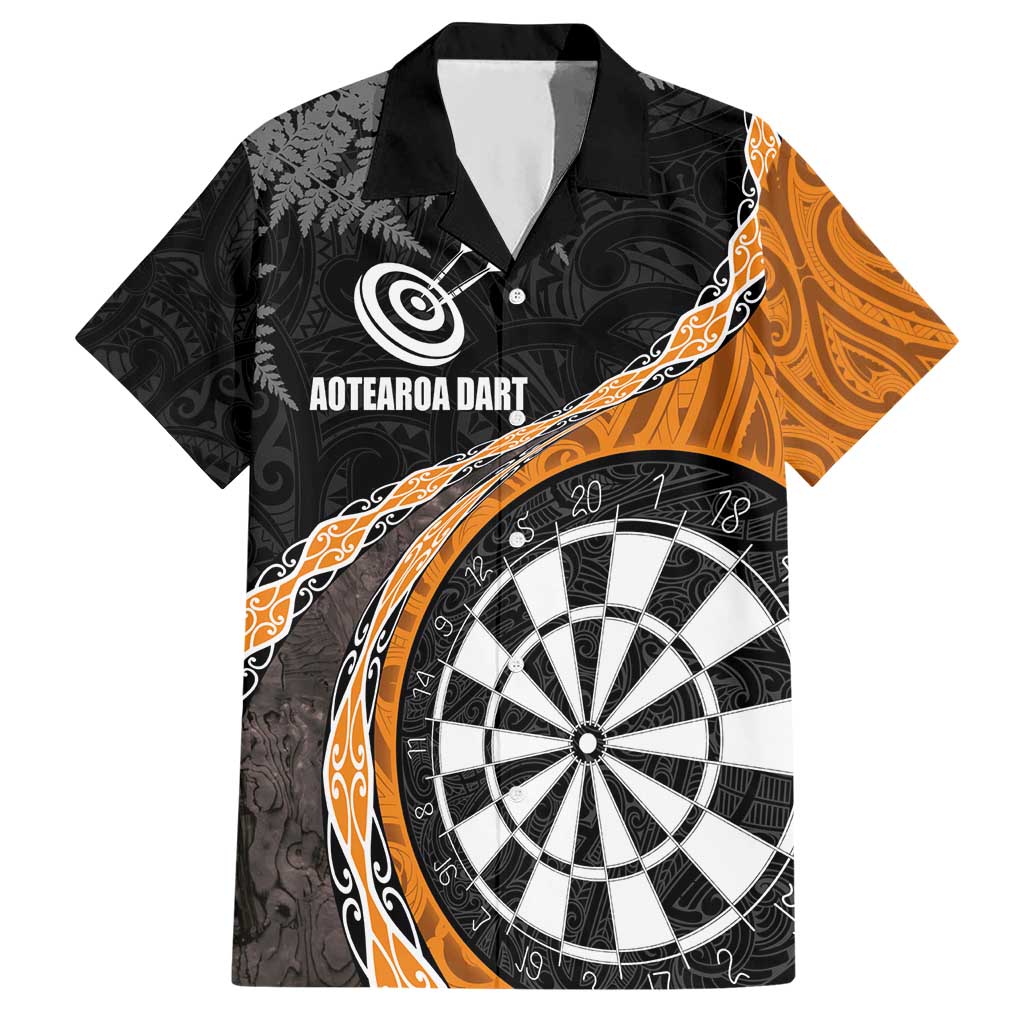 Personalised New Zealand Darts Hawaiian Shirt Koru Tribal Tattoo and Silver Fern Maori Pattern Orange Color