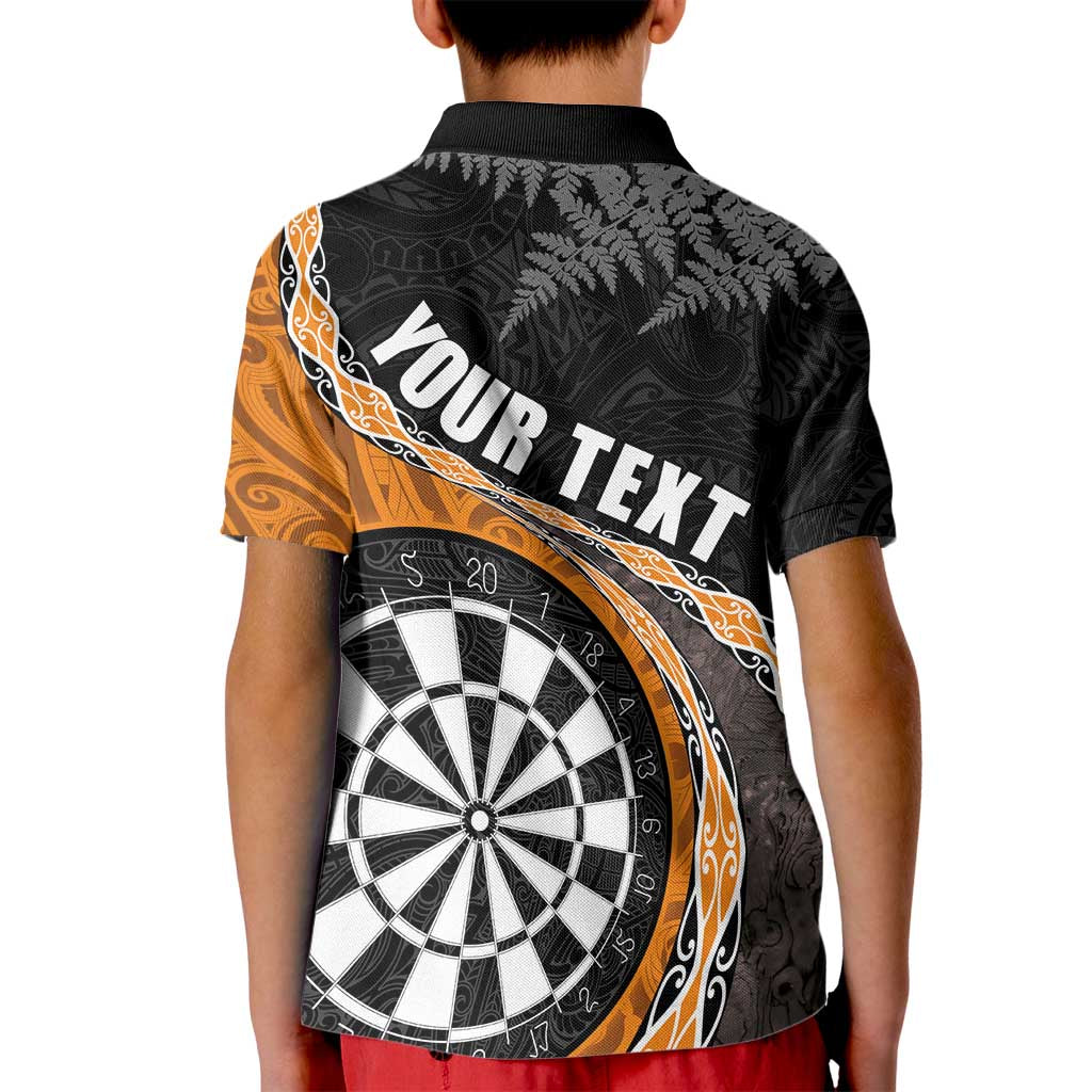 Personalised New Zealand Darts Kid Polo Shirt Koru Tribal Tattoo and Silver Fern Maori Pattern Orange Color