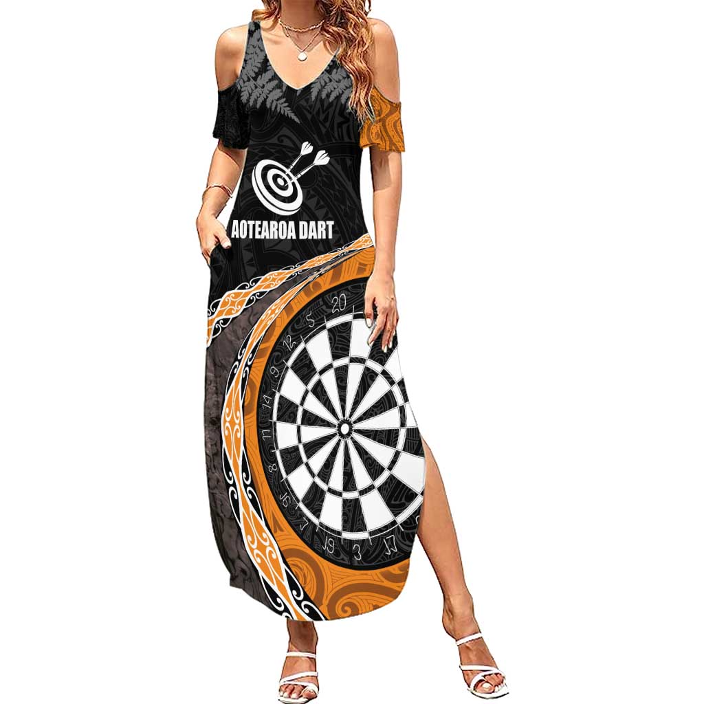 Personalised New Zealand Darts Summer Maxi Dress Koru Tribal Tattoo and Silver Fern Maori Pattern Orange Color