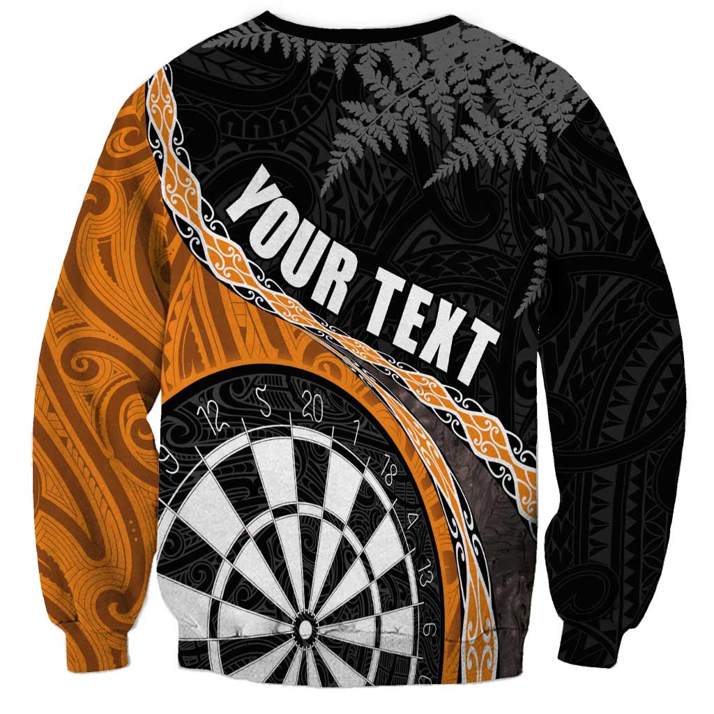 Personalised New Zealand Darts Sweatshirt Koru Tribal Tattoo and Silver Fern Maori Pattern Orange Color