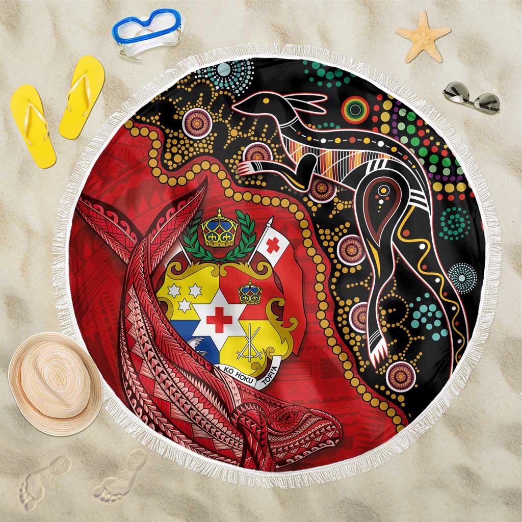 Tonga Ngatu and Australia Together Beach Blanket Polynesian Humpback Whale and Aboriginal Kangaroo