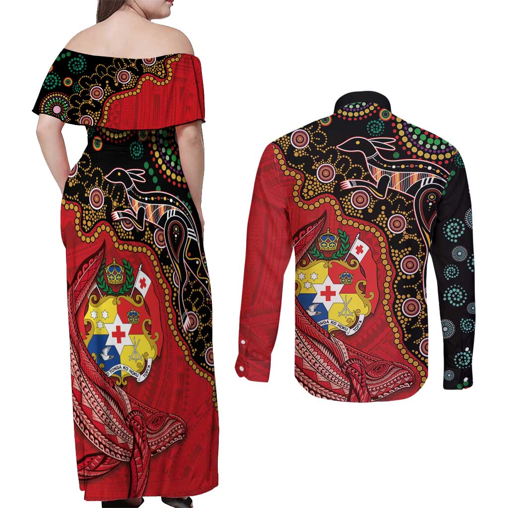 Tonga Ngatu and Australia Together Couples Matching Off Shoulder Maxi Dress and Long Sleeve Button Shirt Polynesian Humpback Whale and Aboriginal Kangaroo