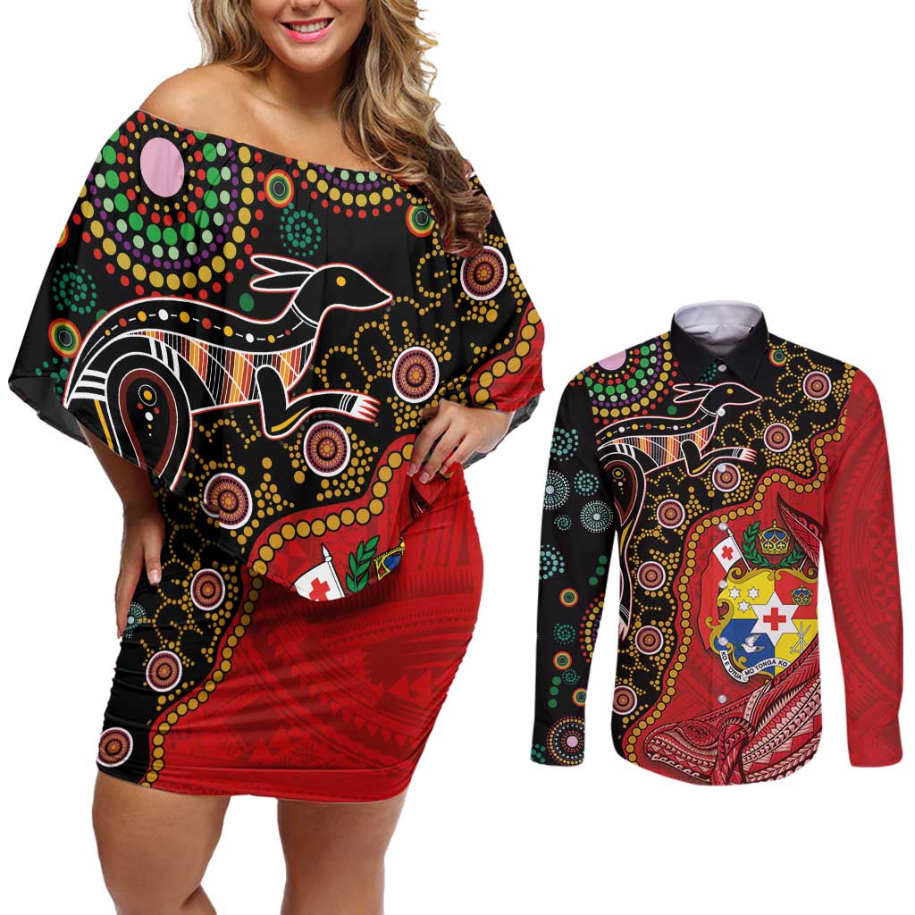 Tonga Ngatu and Australia Together Couples Matching Off Shoulder Short Dress and Long Sleeve Button Shirt Polynesian Humpback Whale and Aboriginal Kangaroo